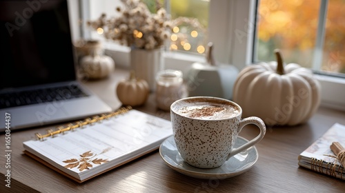 Fototapeta Naklejka Na Ścianę i Meble -  Warm autumn scene with a cup of coffee on a desk, surrounded by pumpkins, planner, and laptop near a window. Perfect cozy workspace with seasonal fall decor.
