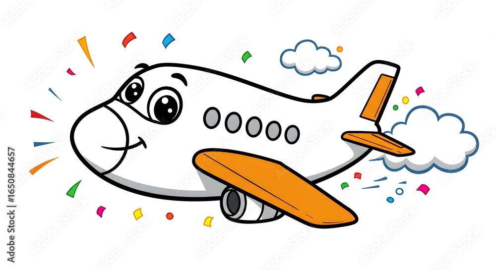 Naklejka premium Cheerful cartoon airplane with confetti and clouds, celebrating flight