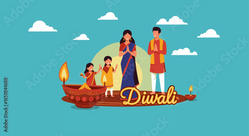 Happy Diwali Greeting with Indian Family