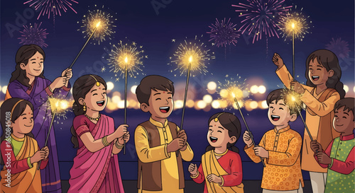 illustration A group of children and women joyfully celebrate diwali with sparklers and fireworks against a dark blue night sky.