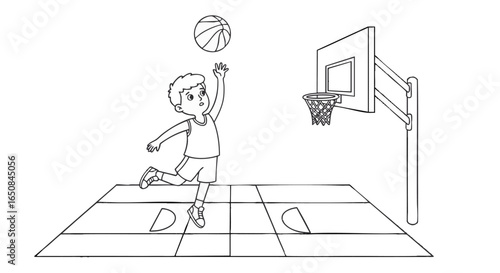 Simple black and white line art illustration of a young boy jumping to shoot a basketball, perfect for a children's coloring book page