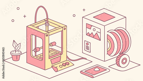 Isometric 3d printer and filament spool with modern flat design