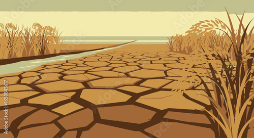 Arid Landscape Depicting the Effects of Drought on Agriculture. Suitable for illustrating climate change, environmental issues, or challenges in farming regions.