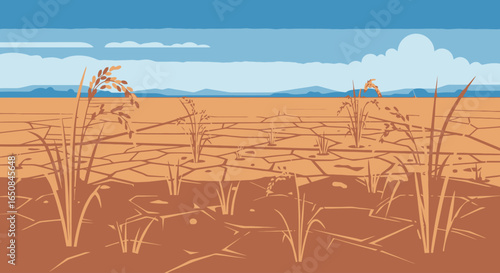 Cracked earth landscape with withered plants depicting climate change and environmental degradation, suitable for illustrating environmental concerns and conservation efforts.