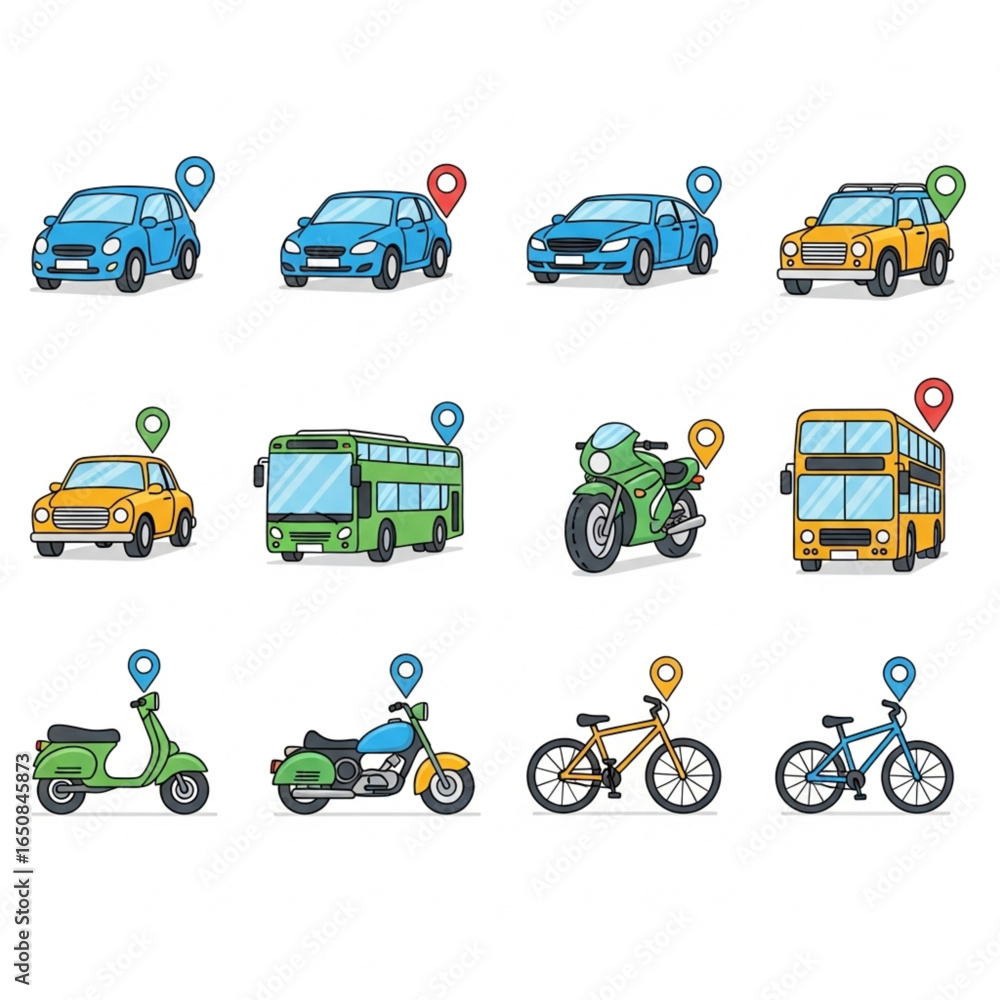 Naklejka premium Various modes of transport with location pins, including cars, buses, bikes and scooters.