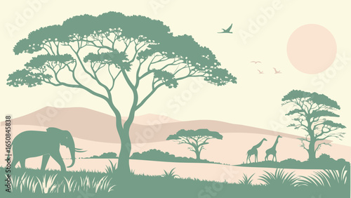 African savannah landscape with elephant giraffes and acacia trees