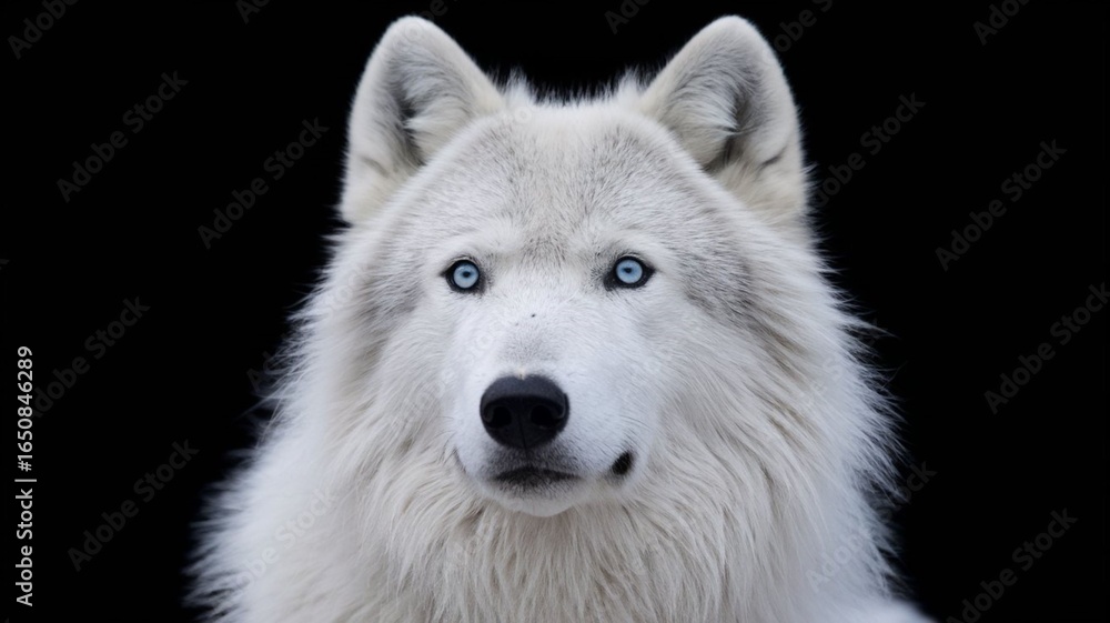 Fototapeta premium arctic wolf face portrait isolated on black background