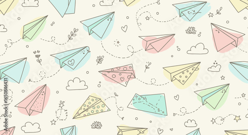 Playful Paper Airplane Pattern Design with Pastel Colors and Whimsical Details for Children's Products, Stationery, and Creative Projects