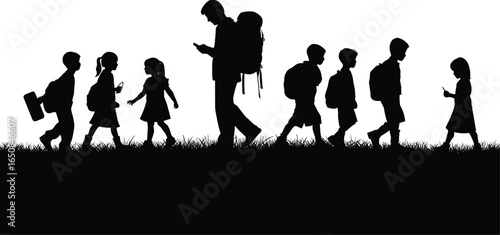 Silhouette of a hiker with backpack leading children walking outdoors, nature trail, family adventure, school trip, group hiking, and exploration