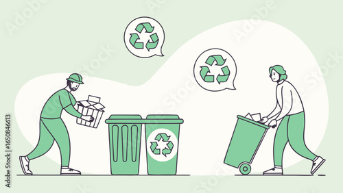 People recycling waste into green bins with recycling symbols