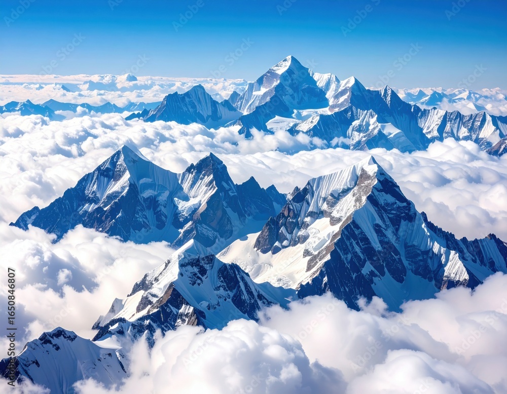 Obraz premium An aerial view from an airplane showing majestic snow-covered mountain peaks emerging from a soft layer of clouds under a clear blue sky.