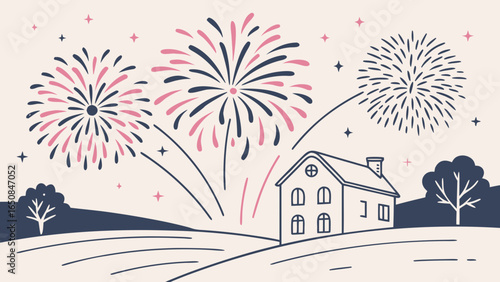 Festive fireworks display over a charming house in a rural landscape