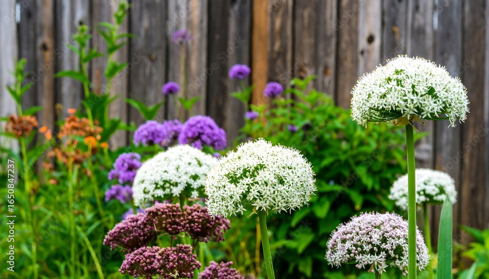 Obraz premium Vibrant flower display against a weathered wooden fence.