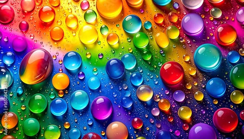 Vibrant Rainbow Water Droplets, Colorful Abstract Background.