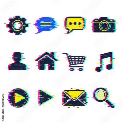 Glitchy icons set: settings, speech bubbles, camera, user, house, cart, music, play, email, magnifier.