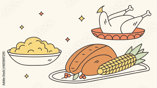 Hand drawn illustration of a thanksgiving feast with turkey and mashed potatoes