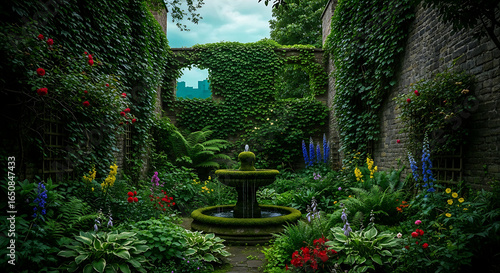 Enchanting Courtyard Garden With Fountain And Vibrant Flowers