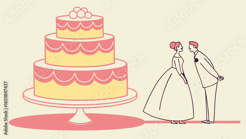 Bride and groom admiring wedding cake