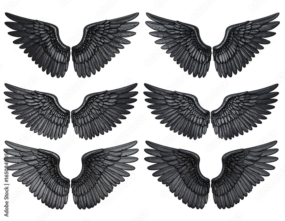 Obraz premium Collection of six different vector angel wings in black color on white backdrop