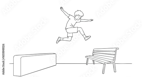 Line drawing of an energetic young boy jumping over obstacles in a park, performing a parkour leap