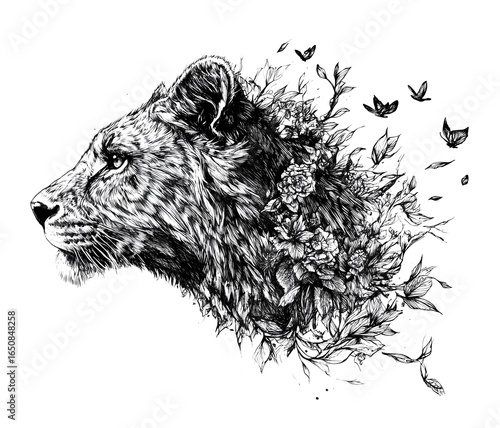 Lion head double exposure with flowers and leaves illustration
