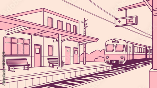 Stylized train station platform with arriving train and overhead sign