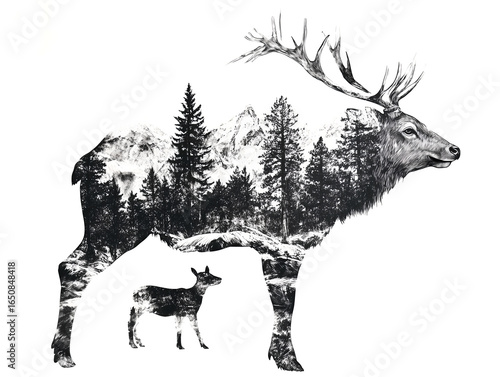 Black and white double exposure combining silhouette of deer, fawn, pine forest and flying birds in a surreal wildlife scene. Ink drawing, sketch