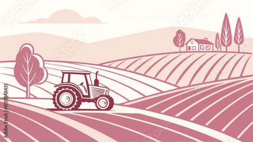 Farm landscape with tractor and house on rolling hills