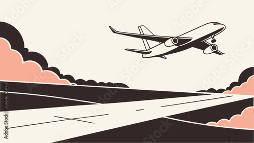 Airplane taking off from runway with stylized clouds and landscape
