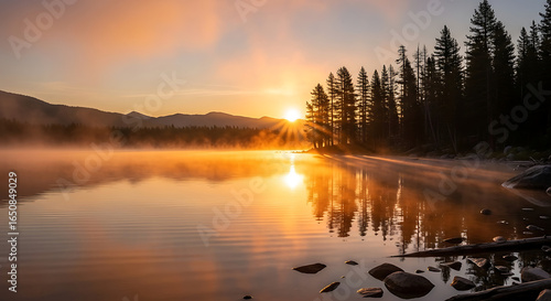 Sunrise Over Misty Lake with Pine Trees Reflecting in Water