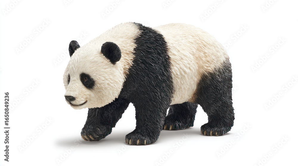 Fototapeta premium A detailed figurine of a giant panda, walking to the left, is presented against a stark white background. Its fur is meticulously rendered, showing the characteristic black and white markings