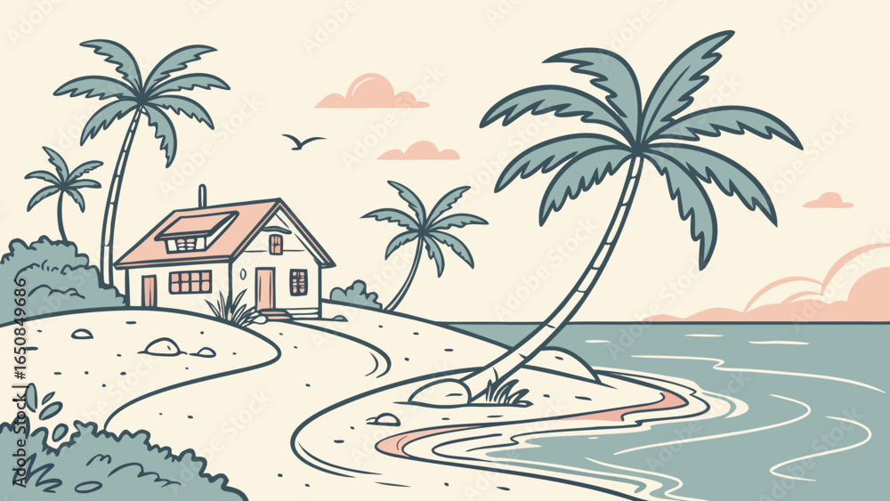 Obraz premium Charming beach house surrounded by palm trees and ocean views