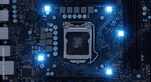 Detailed top-down photorealistic image of a dark blue computer motherboard featuring a central CPU socket, glowing blue circuit pathways, and scattered light nodes, representing advanced digital techn