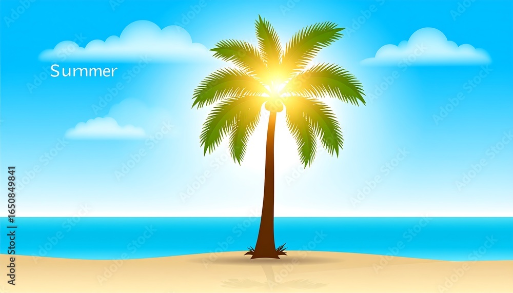 Obraz premium Tropical beach scene with palm tree and summer sky.