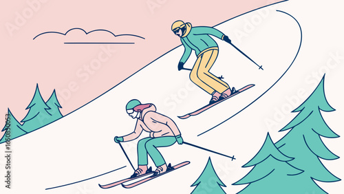 Two skiers descending a snowy slope with pine trees and a pastel sky