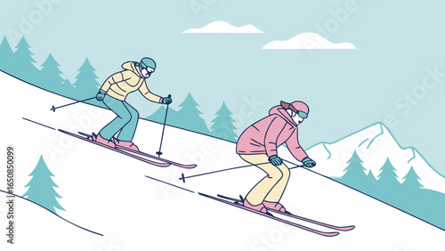 Two people skiing down a snowy mountain slope with trees and clouds