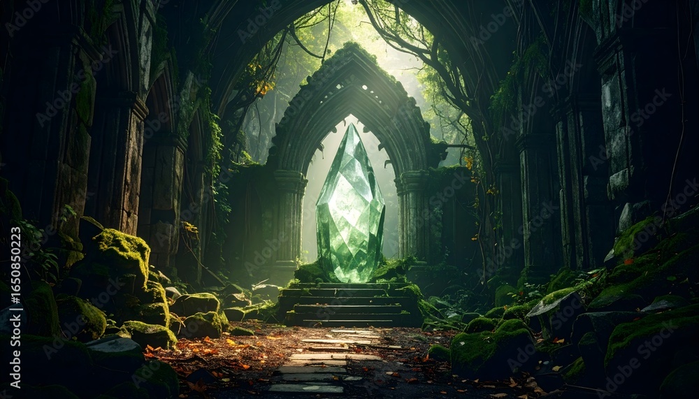 Naklejka premium Ancient crystal glows in mossy ruin