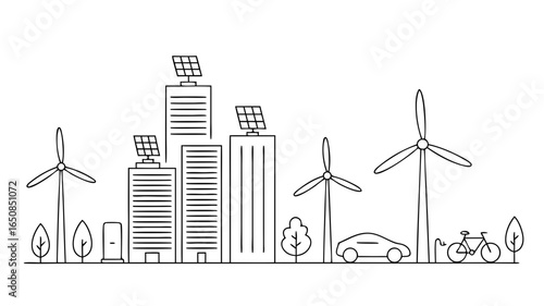 Sustainable city skyline with wind turbines, solar panels and electric vehicle infrastructure