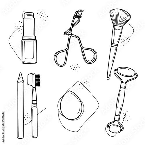 Black and white line art of beauty tools including lipstick eyelash curler makeup brush