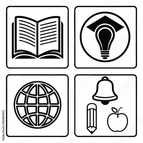 Four educational icons representing knowledge innovation global learning and school supplies in a grid format