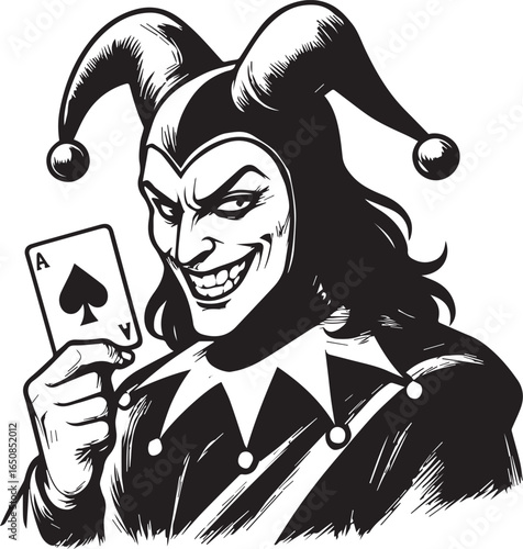 Tattoo design of a jester Loki holding a card