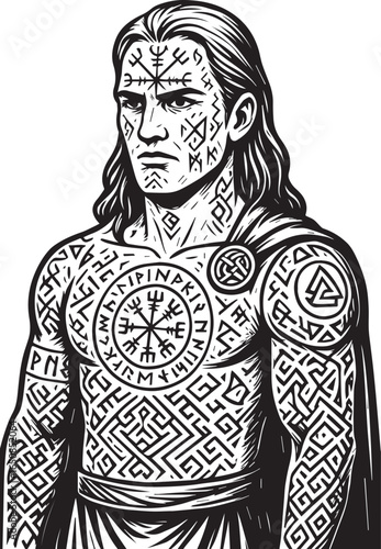 Tattoo design of a Baldur with runic tattoos