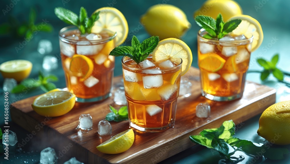 Fototapeta premium Lemon iced tea with lemon slices and mint leaves on a wooden tray, surrounded by whole lemons and ice cubes. Refreshing summer beverage concept.