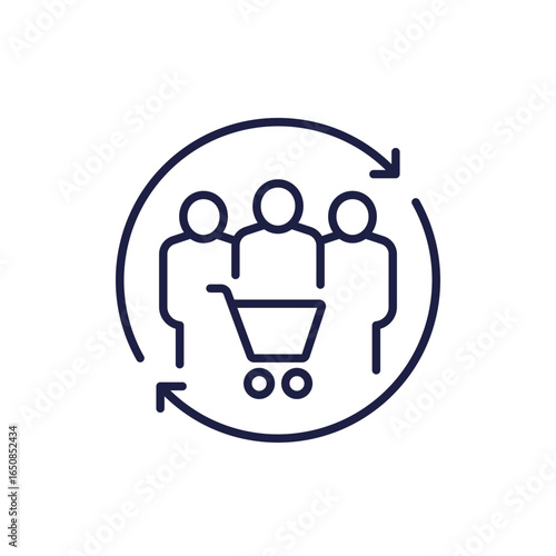 repeat customers line icon, shopping cart and people