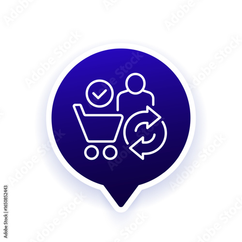 repeat customer icon with shopping cart, line vector