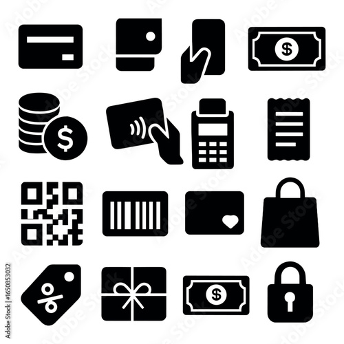 Icons depicting payment methods and shopping essentials on gray background