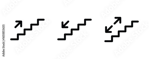 Staircase icons with up and down directional arrows. Stairs or stairwell sign. Stairs up and stairs down symbol set.