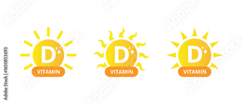 Vitamin D icon, logo design. Vitamin D sun shining icon collection set. Text vitamin d with sun vector illustration