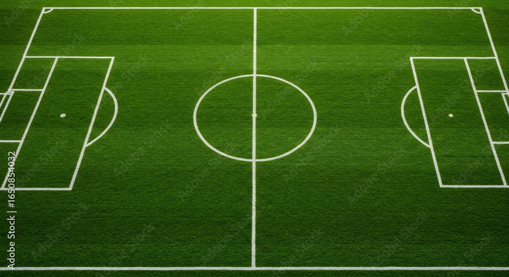 Obraz premium A green soccer field with white markings including goal boxes center circle and sidelines