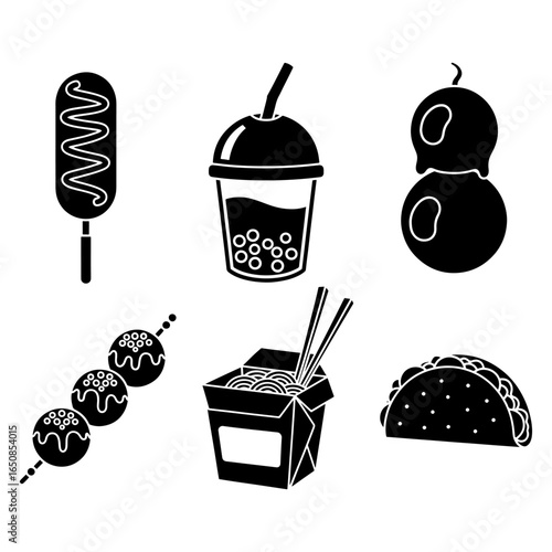 Black silhouette icons of popular street food and drinks vector